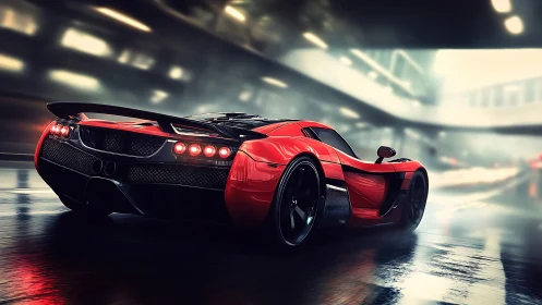 Scarlet hypercar slices through a neon-lit wet tunnel at speed