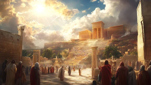 Ancient hilltop temple dominates sunlit crowd-filled courtyard