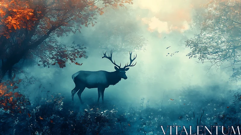 Gentle stag pausing in a misty, blue and amber forest dream.