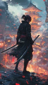 Samurai warrior overlooking burning pagoda city at night.