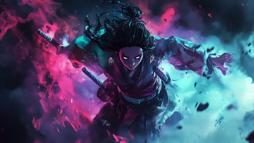 Dual-blade samurai charge amid neon magenta and cyan mist.