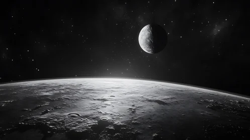 Lunar surface foreground with crescent moon and starfield view.