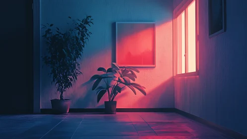 Interior corner shows potted plants in strong colored light