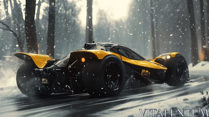Futuristic yellow hypercar powers through snowy forest road.