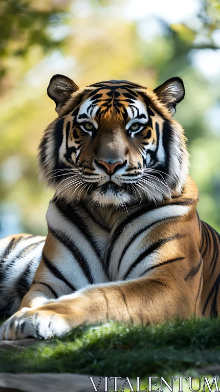 Regal tiger lounges in soft forest light, exuding calm power