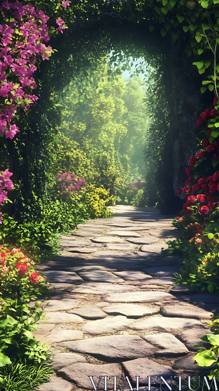 Sunlit stone garden path leads into a lush secret archway