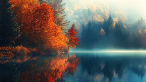 Autumn forest and misty lake with vivid reflections.