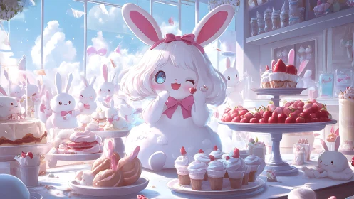 Sugar-cloud bunny hostess orchestrates a pastel dessert dream