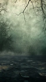 Foggy cracked ground under bare trees in muted light.