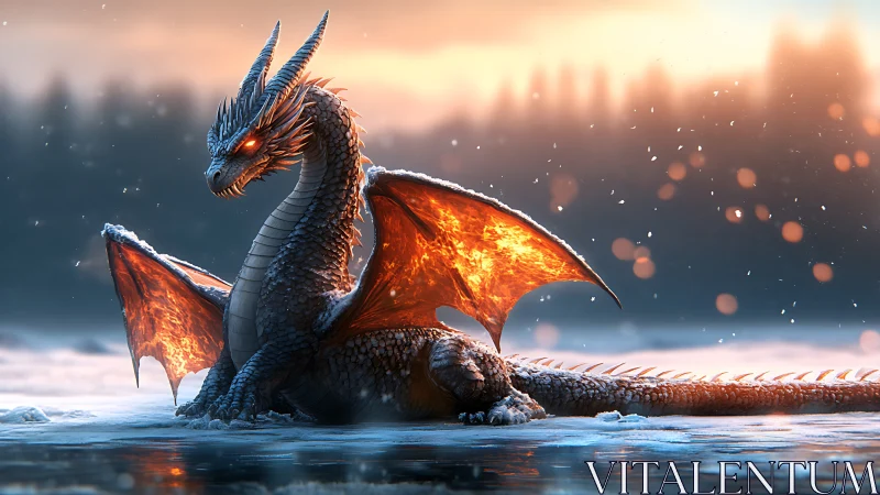 Lava-lit dragon resting on frozen lake with volumetric backlight