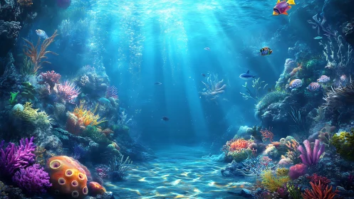 Vibrant coral reef valley under radiant blue sunlit water.