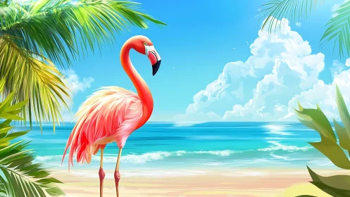 Flamingo Standing on Sandy Coastal Beach with Tropical Palm Fronds