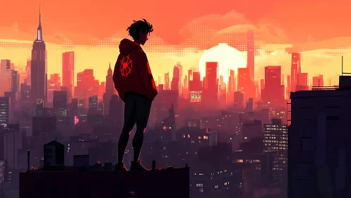 Sunset rooftop watcher gazes over a glowing neon city
