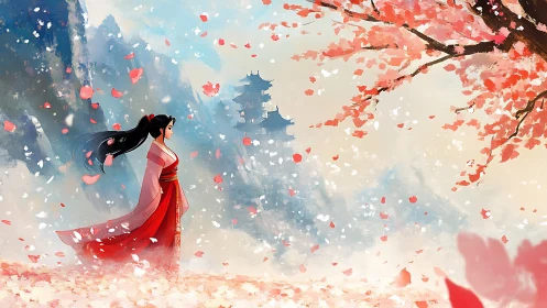 Crimson wanderer beneath drifting cherry blossom skies.