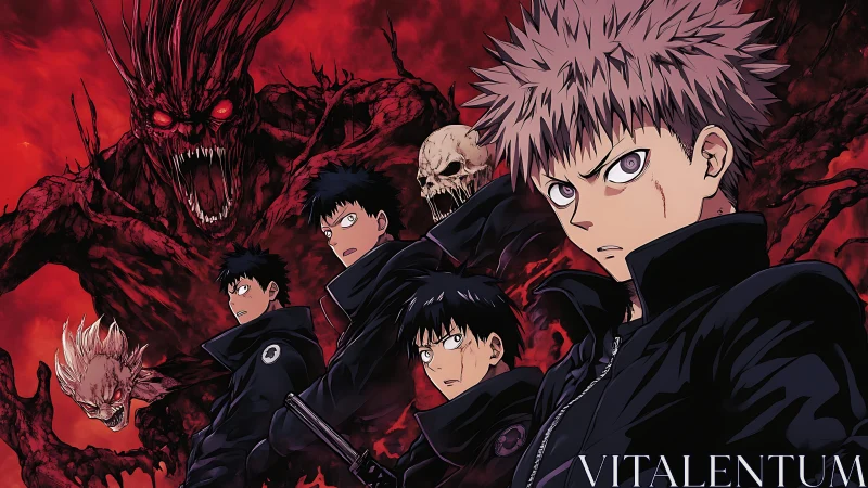 Four anime fighters confront giant demonic monster in red hell