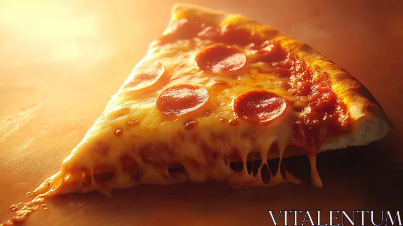 Pepperoni pizza slice with molten cheese under warm light.