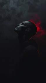 Profile figure in darkness with vivid red halo flare.