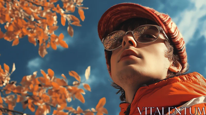 Youthful figure in autumn tones beneath vivid blue sky.