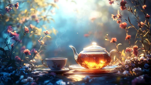 Sunlit glass teapot glows amid dreamy floral garden.