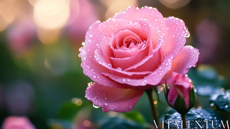 Dewy pink rose glowing softly in a dreamy garden light.