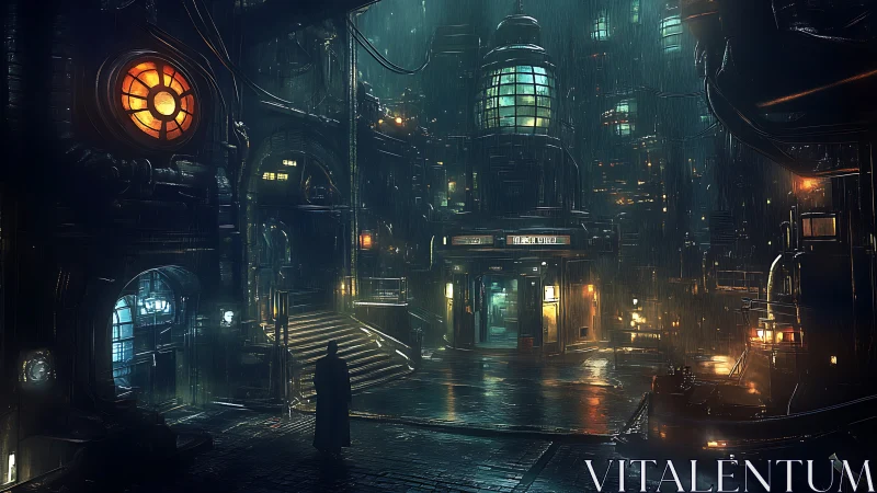 Rain soaked cyberpunk alley shows neon lit industrial towers
