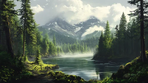 Misty mountain lake wrapped in quiet evergreen forest.