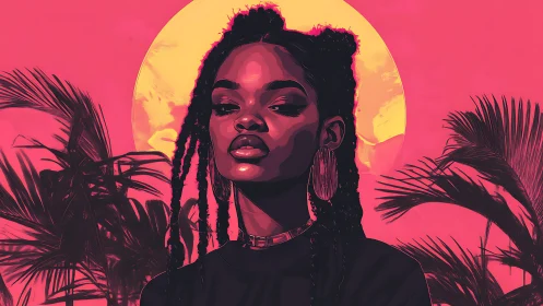 Bold digital portrait under neon sun with tropical palms.