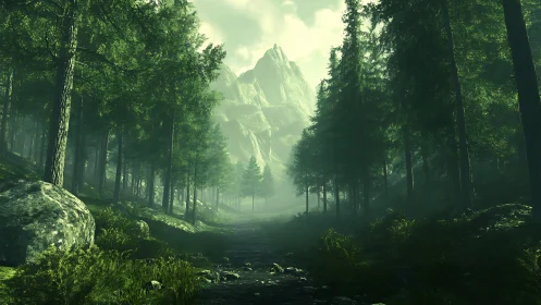 Misty Alpine Valley with Coniferous Forest Canopy and Distant Mountain Peak