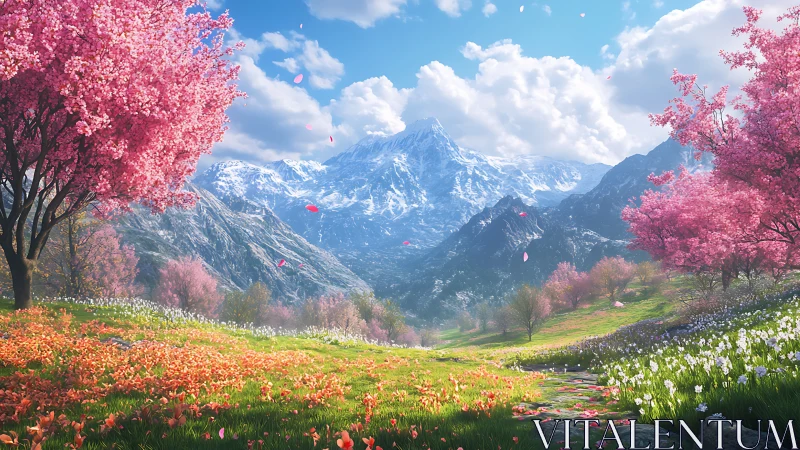 Mountain valley landscape contains blossom trees and flowers