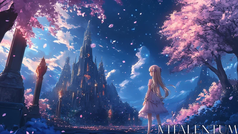 Starry spring night before an illuminated fairy-tale castle.