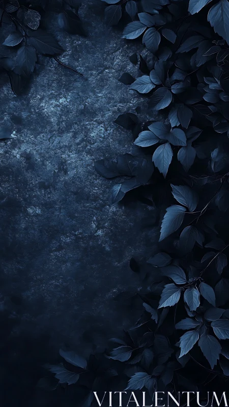 Midnight botanical foliage framing textured stone ground.