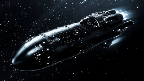 Sleek black starship streaks through a luminous starfield.