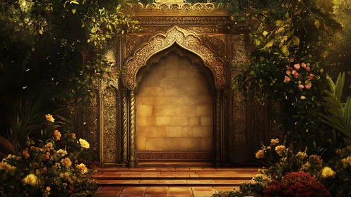 Ornate stone archway framed by lush flowering garden.