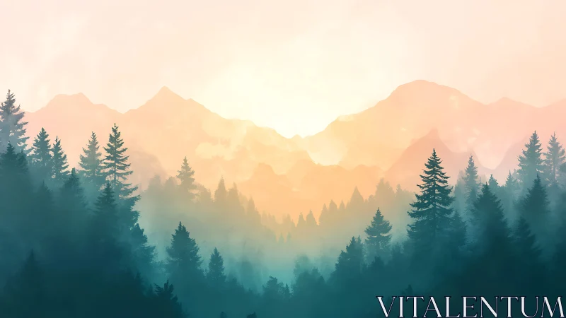 Misty Mountains Rise: Ancient Pines Guard Valleys in Soft Light.