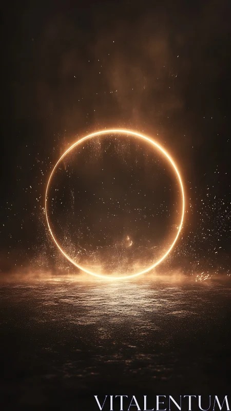 Luminous molten ring hovering above reflective dark ground.