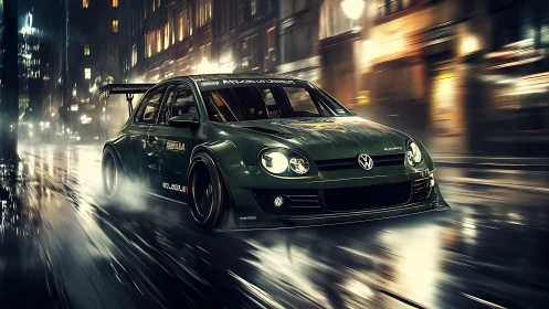 Modified Volkswagen race car speeds through wet city street.
