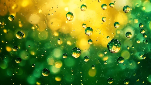 Emerald droplets drift through golden light like tiny worlds.