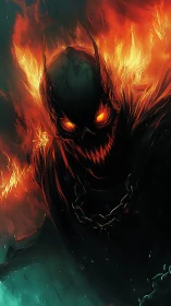 Infernal skull wreathed in emerald shadows and flame.