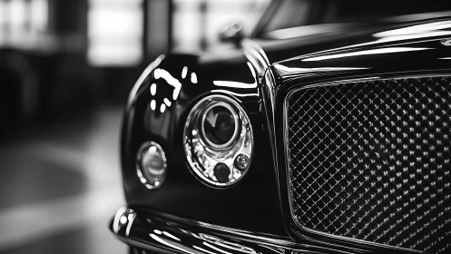 High-gloss luxury car front with mesh grille in shallow focus