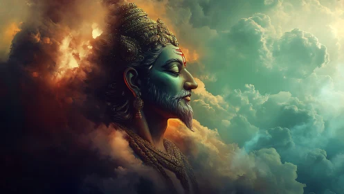 Mythic deity profile in luminous cloudscape digital painting.