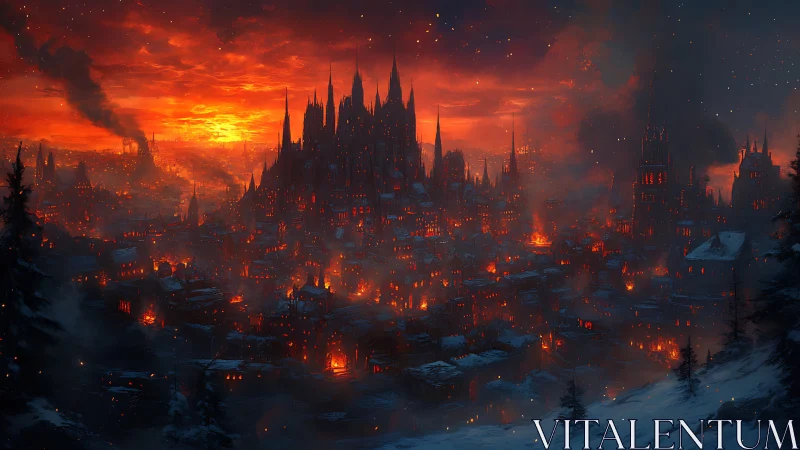 Medieval Gothic City Engulfed in Flames During Dusk Conditions
