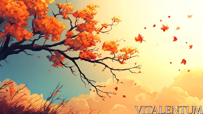 Autumn tree leans into glowing sky while leaves drift away