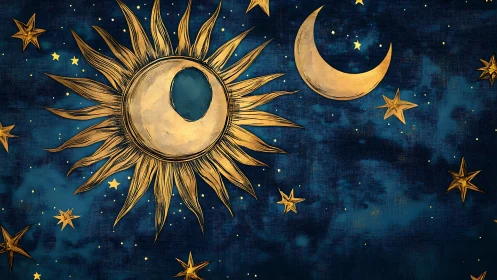 Golden sun moon constellation over deep blue night sky.