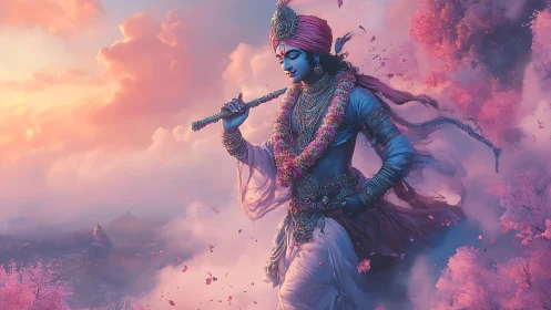 Divine blue deity playing flute amid pink celestial clouds.