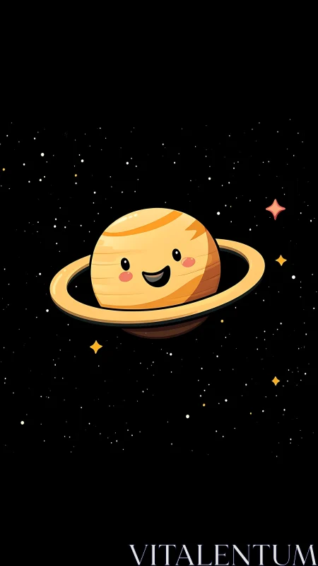 Smiling ringed planet character with stars in space.