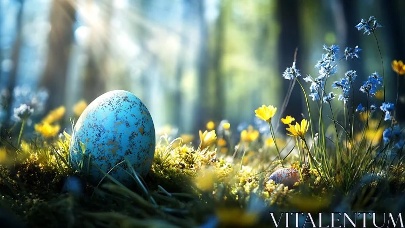 Speckled blue egg resting in a sunlit spring forest meadow.
