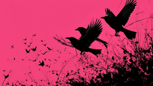 Silhouetted Avian Flight Against Magenta: High-contrast Vector Illustration