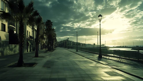 Quiet seaside promenade glowing in soft evening light.