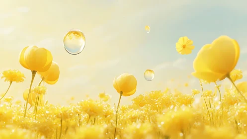 Yellow flowers with suspended water droplets floating in sky