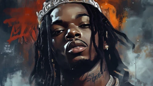 Regal hip hop portrait with crown and expressive brushwork.